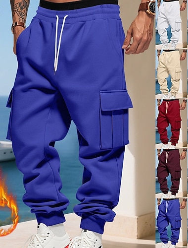  Herre Joggebukser Fleecebukser Jogger Vinterbukser Cargo joggebukse Snorer Lomme Elastisk midje عادي Komfort Varm Sport & Utendørs Daglig Mote Fritid Svart Hvit Mikroelastisk