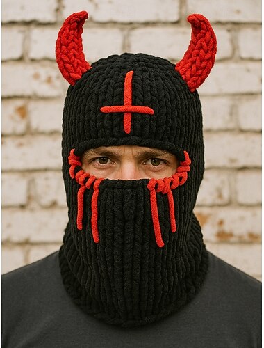 passamontagna da sci da uomo in maglia a forma di corno da diavolo per Halloween — spessa e calda copertura integrale, stile gotico in maglia elasticizzata per adulti, cosplay, feste in maschera, festival e streetwear invernale