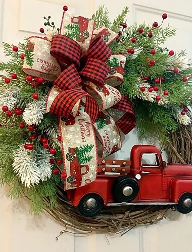  Couronne de camion rouge de Noël suspendue à la porte, style ferme, décoration de couronne de Noël festive, décoration parfaite pour la maison rustique, ornement saisonnier