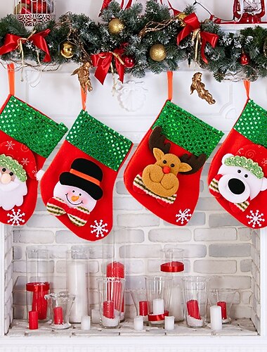  Lot de 4 bas de Noël, chaussettes à lettres de Père Noël, sacs de bonbons pour enfants, décorations à suspendre pour sapin de Noël rayées avec cloches