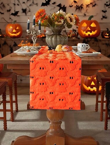  runner da tavolo di Halloween con bandiera da tavolo con ricamo fantasma 3D - decorazione in pelliccia sintetica PU con diavoletto dagli occhi neri, tovaglia festiva bianca e nera per decorazioni da