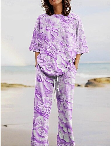  Per donna Attivo Moda Set di Pantaloni Manica 3/4 Girocollo Floreale Stampato Vacanza Quotidiano Ferie Blu Viola Cachi Estate Vestibilità regolare
