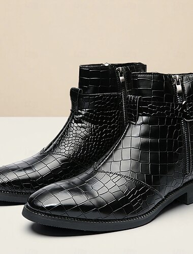  Botas negras con cremallera lateral y estampado de cocodrilo para hombre, zapatos de estilo punk de piel sintética para salidas nocturnas y conciertos.