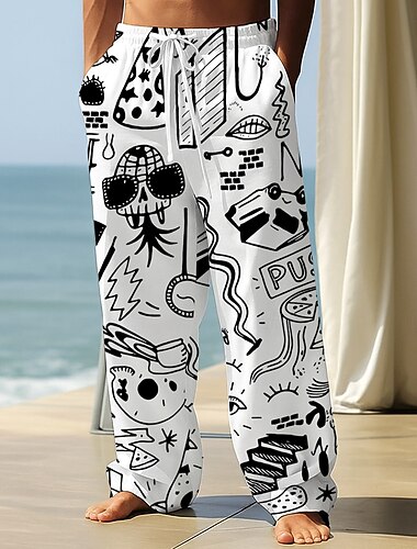  Homme Bonhomme allumette Pantalons Pantalons Amples Pantalon décontracté Taille Moyenne Vintage Rétro Extérieur Vacances Vêtements de rue Taille élastique avec cordon de serrage Pantalon en lin avec