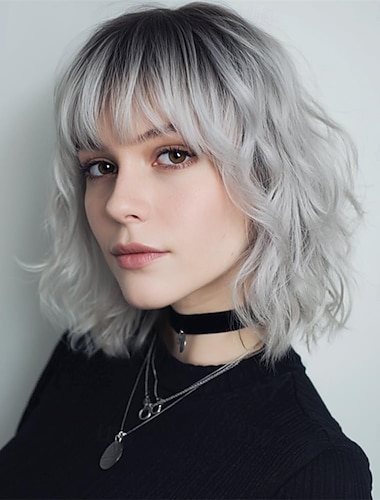 باروكة شعر فضية قصيرة للنساء، شعر مستعار مموج رمادي أومبير مع غرة، شعر صناعي متوسط الطول، شعر مستعار بجذور داكنة، شعر مستعار رمادي ملون   باروكة شعر فضية قصيرة للنساء، شعر مستعار مموج رمادي أومبير مع غرة، شعر صناعي متوسط الطول، شعر مستعار بجذور داكنة، شعر مستعار رمادي ملون