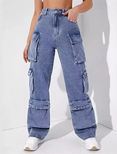  女性用 ジーンズ カーゴパンツ パンツ ファッション ストリートファッション 全長 ハイウエスト ソリッド ポケット 快適 マイクロエラスティック スポーツ デイリーウェア ブルー 春 秋 レギュラー