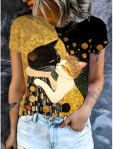  Жен. Футболка Графика Животное Кот Винтаж Стиль Классика С короткими рукавами Вырез под горло Круглый вырез Обычные топы Повседневные выходные С принтом Золотой Лето Весна Осень