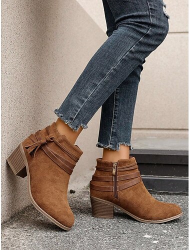  Γυναικεία καφέ μποτάκια με λουράκια με φούντες – casual μποτάκια με χαμηλό τακούνι από τεχνητό σουέτ σε στιλ γουέστερν για φθινόπωρο, streetwear και καθημερινά σύνολα