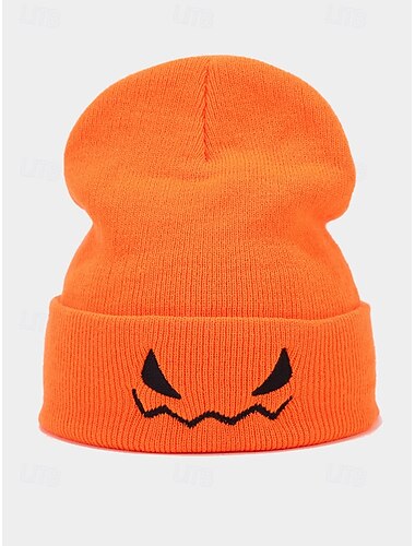  Unisex Halloween Pumpkin Smile Knit Hat - Soft Ribbed Cuffed Winter Hat, Stretch Acrylic, Embroidered Pumpkin Face - For Costume Parties, Trick-or-Treating, Fall Festivals and Everyday Wear