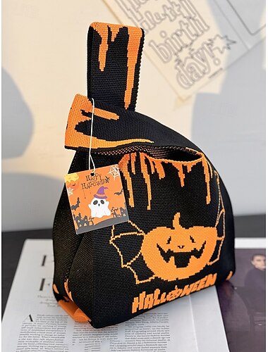  Halloween-tas voor dames – gebreide handtas met pompoen- en vleermuispatroon en trick-or-treat, casual herbruikbare schoudertas voor feestjes, winkelen en als vakantiecadeau