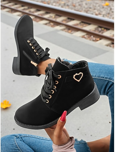  bottines noires pour femme – bottines courtes à lacets avec boucle en forme de cœur pour tenues décontractées et streetwear