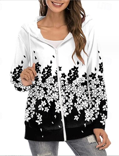  Γυναικεία Φούτερ με φερμουάρ Φλοράλ Δετοβαμένο Κομψό στυλ street Καθημερινό Μακρυμάνικο Με Κουκούλα Κανονικά μπλουζάκια Δρόμος Εξόδου Φερμουάρ Στάμπα