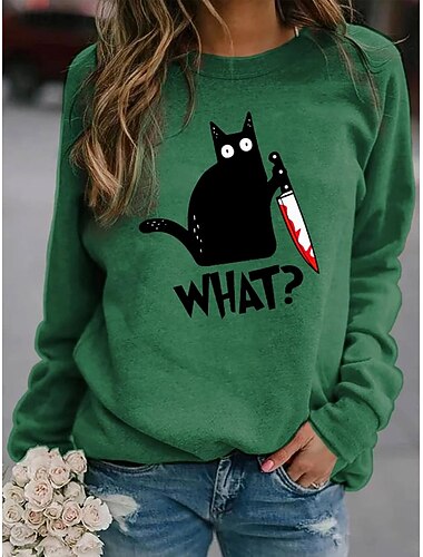  Halloween Kvinners Sweatshirts Svart Katt Grafikk Katt Bokstaver Mote Uformell Langermet Crew Neck Rund Hals Regulære Topper Gate Dagligslitasje Uformell Trykk Blå Orange Brun Grønn Høst Vinter