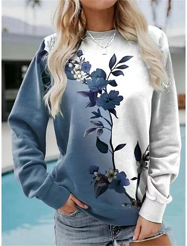  γυναικεία φούτερ floral print γραφικά casual μακρυμάνικο στρογγυλή λαιμόκοψη κανονικές μπλούζες street καθημερινής χρήσης casual print μπλε άνοιξη φθινόπωρο χειμώνας