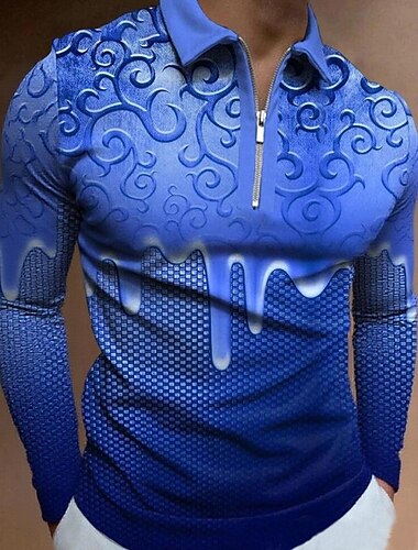  Homens Impressão 3D Geométrico Pólo Manga Longa Aberto para a Lateral Moderno Casual Desportos e Ar livre Roupa Esportiva Casual / Diário Zíper Primavera Outono Inverno Azul Céu Vermelho Azul
