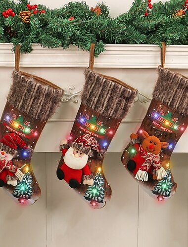  1 chaussette de Noël avec lumières de Noël, ornement suspendu pour arbre, sac cadeau pour enfants, décoration de cheminée, chaussette pour fête de vacances, maison, festival d'hiver, célébration
