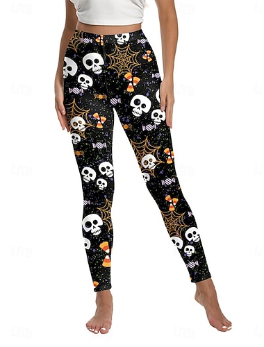  女性用 レギンス パンク ストリートファッション 全長 ハイウエストPantsHalloween カボチャ プリント 通気性 ソフト 快適 高弾性 バケーション パーティー ブラック ホワイト イエロー オレンジ 秋 冬 レギュラー