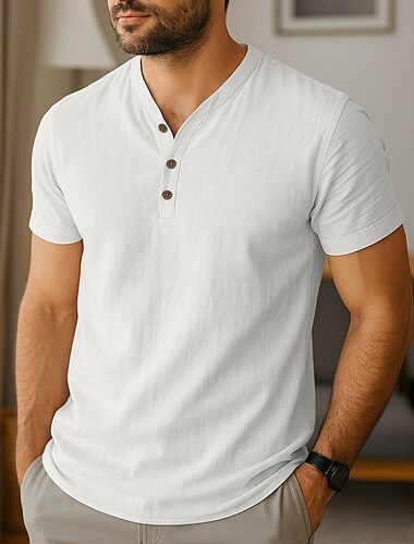  Męskie Koszula Henley Koszulka Koszulka lniana Krótki rękaw Krótkie rękawy W serek Henley Lato Na każdy sezon Równina Moda Designerskie Podstawowy Gładkie Urlop Ulica Codzienny Czarny Biały