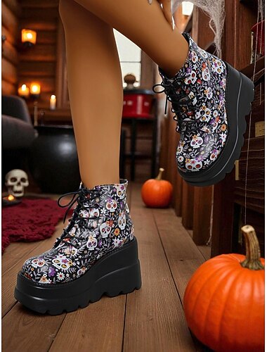  Zwarte platform veterlaarzen met schedel voor dames - Halloween gothic enkellaarsjes met dikke zool voor herfstfeesten, cosplay en dag van de doden