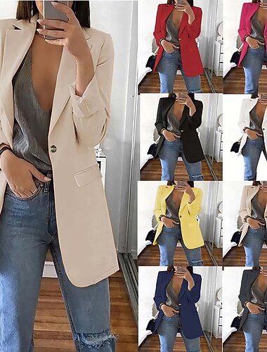  女性用 ブレザー 快適 高通気性 ポケット ファッション カジュアル 平織り オフィス ストリート カジュアル デイリーウェア シングルブレスト レギュラー 折襟 レギュラー 長袖 アウターウェア ブラック ホワイト ルビーレッド 夏 春