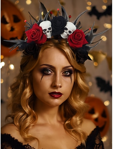  Damens gotiska halloween-huvudband med dödskalleros - röd och svart blomsterkrona med fjädrar och spindelnät för maskeradfester och cosplay
