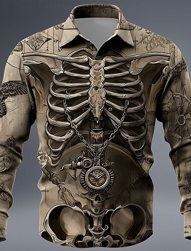  Halloween Per uomo Illusione ottica Scheletro Camicia Camicia con Bottoni Manica Lunga Gotico punk oscuro All'aperto Ferie Estate Primavera Collo ripiegato Stampa 3D camicie con colletto Viola Marrone
