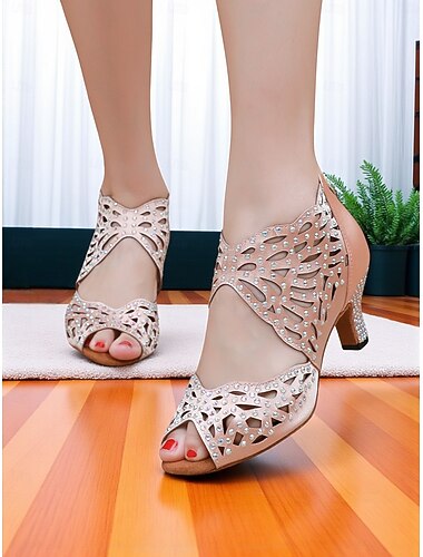  Γυναικεία παπούτσια χορού peep toe με στρας σε nude απόχρωση και χαμηλό τακούνι - επαγγελματικά παπούτσια για πάρτι Gatsby