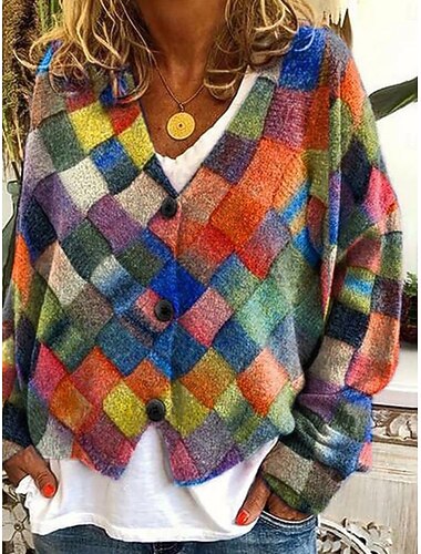  Naisten neulecardigan ribbattu nappikiinnitys v-kaula-aukko pitkät hihat kevyt tyylikäs muoti katumuoti kukkagraafinen geometrinen patchwork nappi neulottu ulkoilu päivittäinen viikonloppu syksy talvi