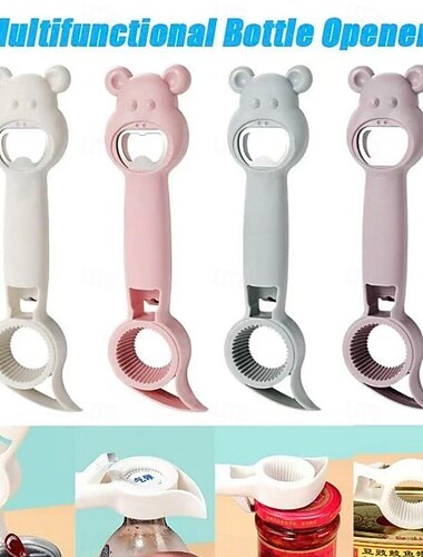  Lot de 4 décapsuleurs 4 en 1, ouvre-bouteille multi-usages en forme d'ours pour bière, soda, canette et pot, outil de cuisine ergonomique antidérapant et facile à utiliser