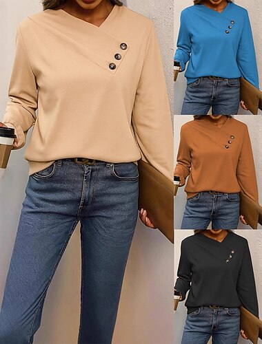  女性用 ブラウス 純色 エレガント ヴィンテージ トロピカル風 長袖 Ｖネック レギュラートップス ワーク 日常 祝日 非対称 ダークブラウン ブラック ブルー アプリコット 春 秋