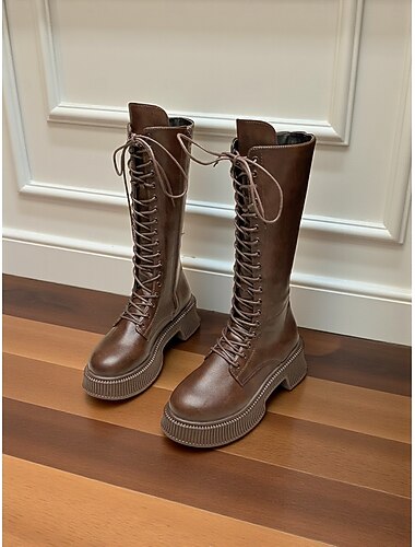  Bottes à lacets en similicuir pour femmes, hauteur genou, avec fermeture éclair latérale et semelle plateforme épaisse, chaussures de mode urbaine décontractées