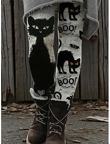  Dame Leggings Ferie Årgang Mote Full lengde Høy MidjePantsHalloween Grafisk Hodeskaller Katt Printer Myk Pustende Elastisk utendørs Feriereise Gate Mørkegrå Oransje Brun Grønn Vår Høst Vinter Slank