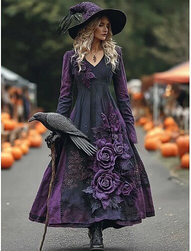  Halloween Жен. Длинное платье Платье A-силуэта Отпуск На каждый день Богемный Пляж Стандартный Цветочный принт Графика Длинный рукав V-образный вырез Розовый Лиловый Весна Осень