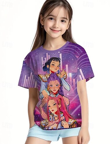  K-POP 悪魔ハンター トレンディなアニメスタイル かわいい女の子の夏半袖Tシャツ 通気性と快適プリント 子供用ファッションTシャツ カジュアルウェア 遊び心のあるスタイル かわいいデザイン 楽しいグラフィック 高品質ステッチ