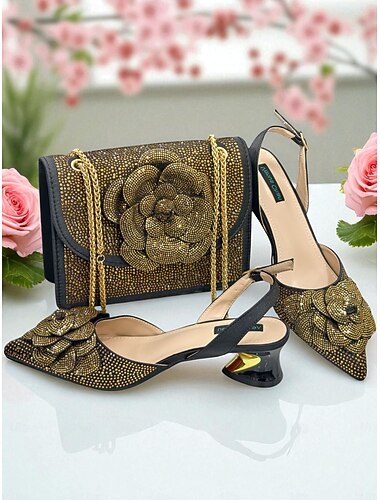  Gouden slingback pumps met strass steentjes voor dames met bijpassende handtasset - elegante schoenen en tas met bloemenmotief voor formele evenementen en cocktailparty's