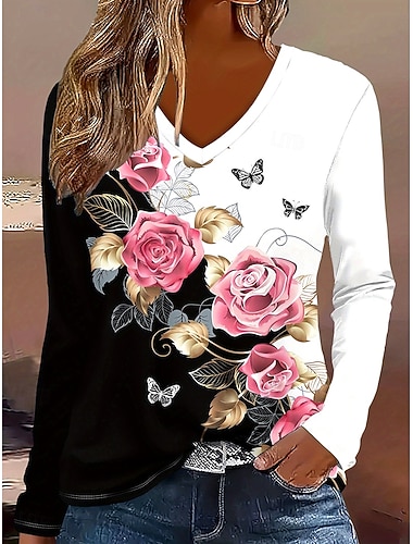  Жен. Футболка Цветочный принт Графика Контрастных цветов Винтаж Стиль Классика Длинный рукав V-образный вырез Обычные топы Повседневные С принтом Розовый Весна Осень Зима