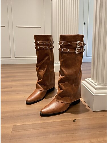  Bottes hautes marron pour femmes avec tige repliable et sangles à double boucle, chaussures de mode urbaine élégantes