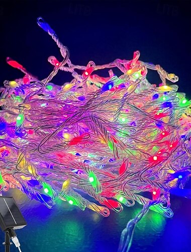  Luci a stringa da 10 m, 370 LED, 1 set di staffe di montaggio, 1 set di luci natalizie bianche calde, bianche fredde, blu, solari, per matrimoni, alimentate a energia solare