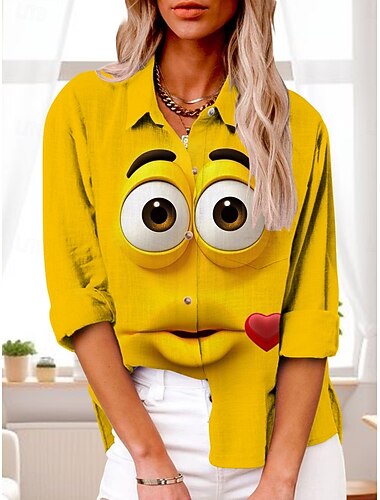  Dames Overhemd 3D Actief Dagelijks Stijlvol Lange mouw Overhemdkraag Normale tops Dagelijks Feestdagen Knop Afdrukken Zwart en Wit Zwart Geel Blozend Roze Rood Zomer Lente Herfst