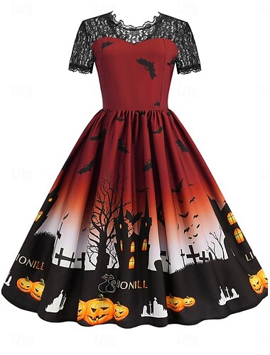  Halloween Жен. Платье средней длины Платье A-силуэта Платье с расклешенной юбкой На каждый день Повседневные Праздники Стандартный Тыква паутина С короткими рукавами Вырез под горло
