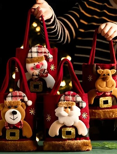  Sada 4 vánočních dárkových tašek pro panenky, mini plyšové sáčky s motivem Santa Clause a sněhuláka a sobů, sáčky na vánoční dárky
