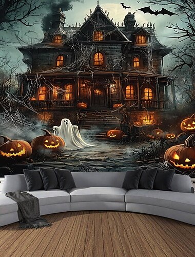  Halloween-Fotohintergrund-Wandteppich, Wandbehang mit Geister- und Kürbismuster, großes dekoratives Wandbild für Schlafzimmer, Wohnzimmer, Party und Heimdekoration