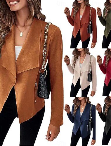  Damen Freizeitjacke Bequem Atmungsaktiv Tasche Mode Lässig Einfach Urlaub Straße Lässig Alltagskleidung Offene Vorderseite Kurz Umlegekragen Normale Passform Langarm Oberbekleidung Marineblau Schwarz