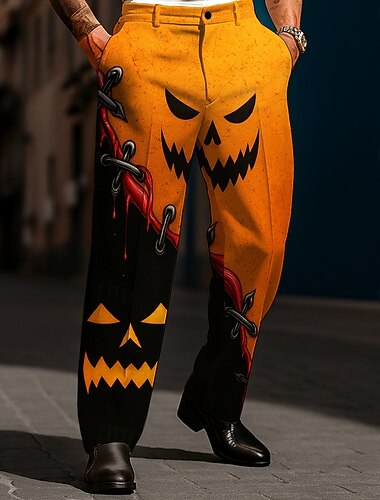  Halloween Homens Abóbora Trajes da Noite das Bruxas Abóbora de abóbora Social Calças Calças de Terno Cintura Média Estilo gótico escuro Feriado Streetwear Calça social com corte relaxado e frente