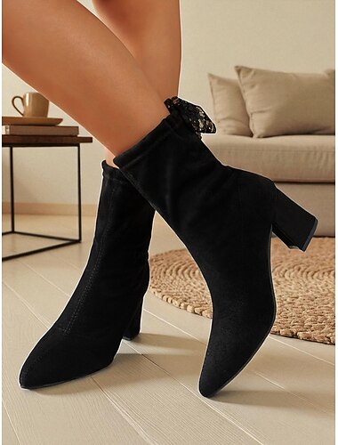  Botines de ante beige con punta puntiaguda y lazo en la parte trasera para mujer: elegantes botas de vestir con tacón de bloque para fiestas y uso diario.