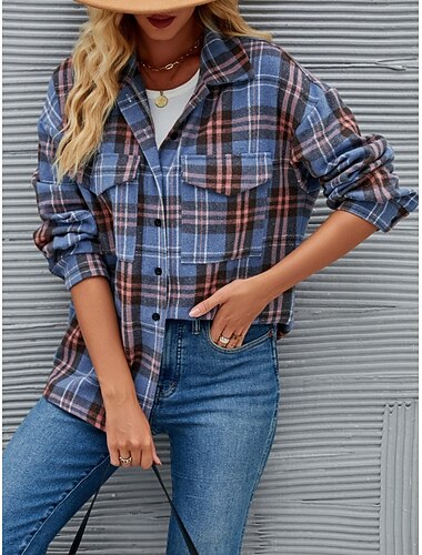  Mujer Chaqueta de camisa Chaqueta casual Cómodo Transpirable Bolsillo Botones Estampado Moda Casual Plaid Vacaciones Calle Casual Ropa Cotidiana Botonadura Simple Regular Escote Chino Ajuste regular