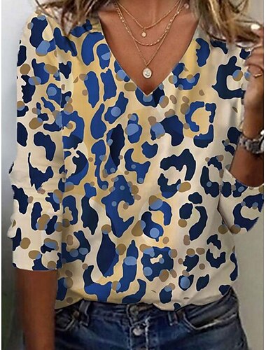 Per donna Tunica Maglietta Grafico Leopardo Blocco di colori Vintage Elegante Casual Manica Lunga Scollo a V Top Regolari Quotidiano Sportivo Weekend Stampato Blu Cachi Autunno