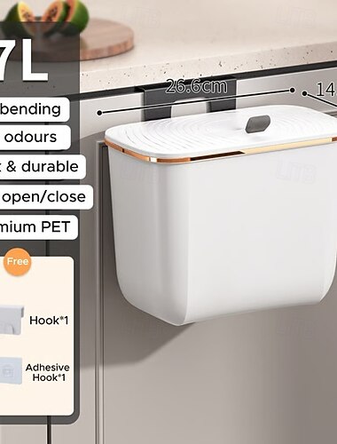  Cubo de basura rectangular de pared con tapa que sella los olores, contenedor de plástico duradero de gran capacidad para cocina, baño y dormitorio. &uso comercial