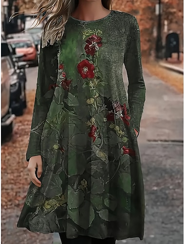  Per donna Abito Midi Vestito Casual Vestito T-Shirt Abito a trapezio Vacanza Casual Data Vestibilità regolare Floreale Grafico Manica Lunga Girocollo Verde Primavera Autunno Inverno