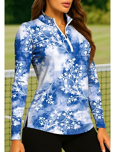  Dam Knytbatik Växter Tropisk Blommig Botanisk Toppar Vandringspolotröja Tennisskjorta Tenniströja Långärmad Mönster Fjärdedels blixtlås Pullover UPF50+ UV-skydd Elastisk Andningsfunktion Tennis Golf